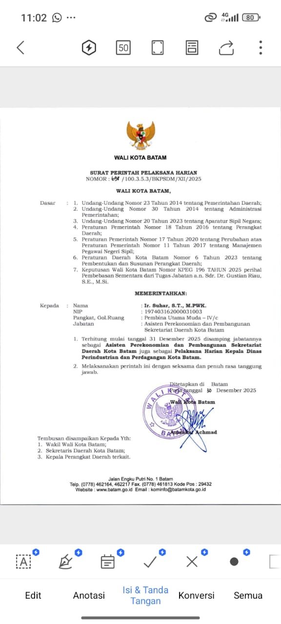 Ilustrasi SK Walkota Batam terkait Gustian Riau, pebebasan tugas sebagai Kepala Disperindag Batam