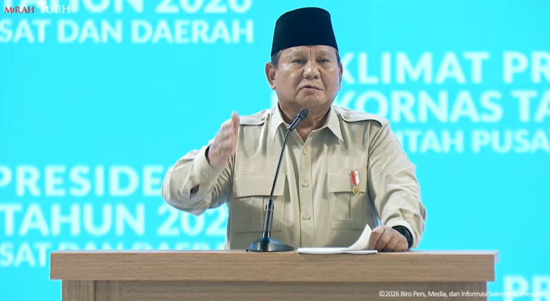Presiden Prabowo saat memberikan taklimat pada Rapat Koordinasi Nasional Pemerintah Pusat dan Daerah Tahun 2026 di Sentul, Kabupaten Bogor, Jawa Barat, Senin (2/2/2026). Foto: Tangkapan Layar Youtube Setpres

