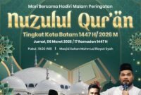 Peringatan malam Nuzululqur’an tingkat Kota Batam 1447 Hijriah yang digelar pada Jumat (6/3/2026) di Masjid Sultan Mahmud Riayat Syah.