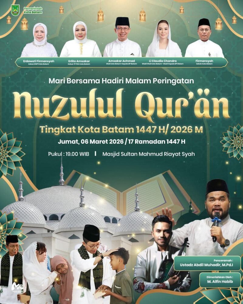 Peringatan malam Nuzululqur’an tingkat Kota Batam 1447 Hijriah yang digelar pada Jumat (6/3/2026) di Masjid Sultan Mahmud Riayat Syah.