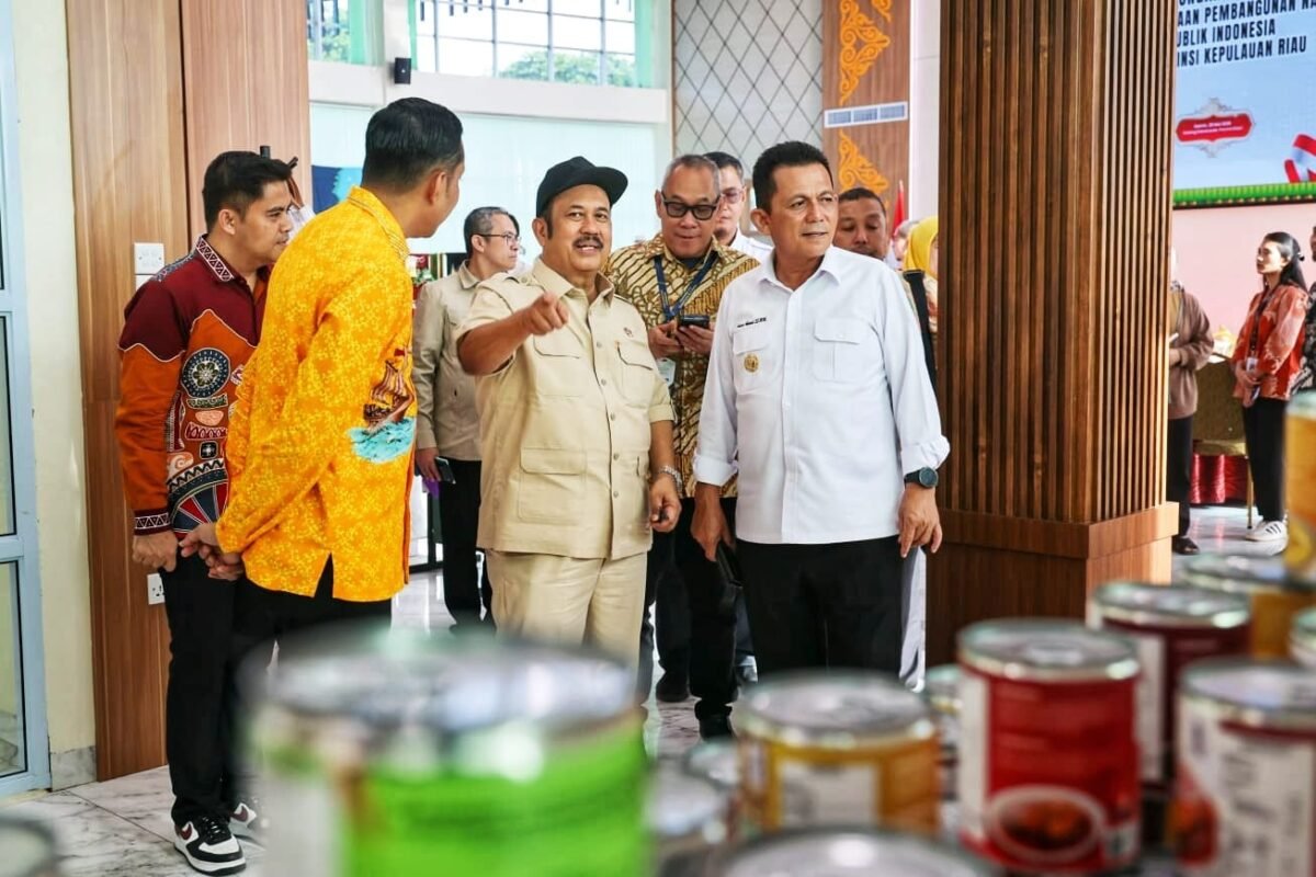 Menteri PPN/Bappenas RI Rachmat Pambudy didampingi Gubernur Kepri Ansar Ahmad melihat sejumlah produk unggulan UMKM yang dipamerkan di Gedung Dekranasda Provinsi Kepri, Tanjungpinang, Kamis (28/5/2026). Foto: Diskominfo Kepri