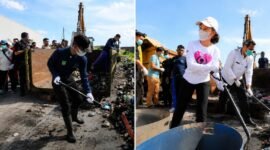 ali Kota Batam, Amsakar Achmad, bersama Wakil Wali Kota Batam, Li Claudia Chandra, ikut membersihkan sampah dalam peringatan Hari Lingkungan Hidup Sedunia Tingkat Kota Batam Tahun 2026, Jumat (19/6/2026). Foto: Humas Diskominfo Batam