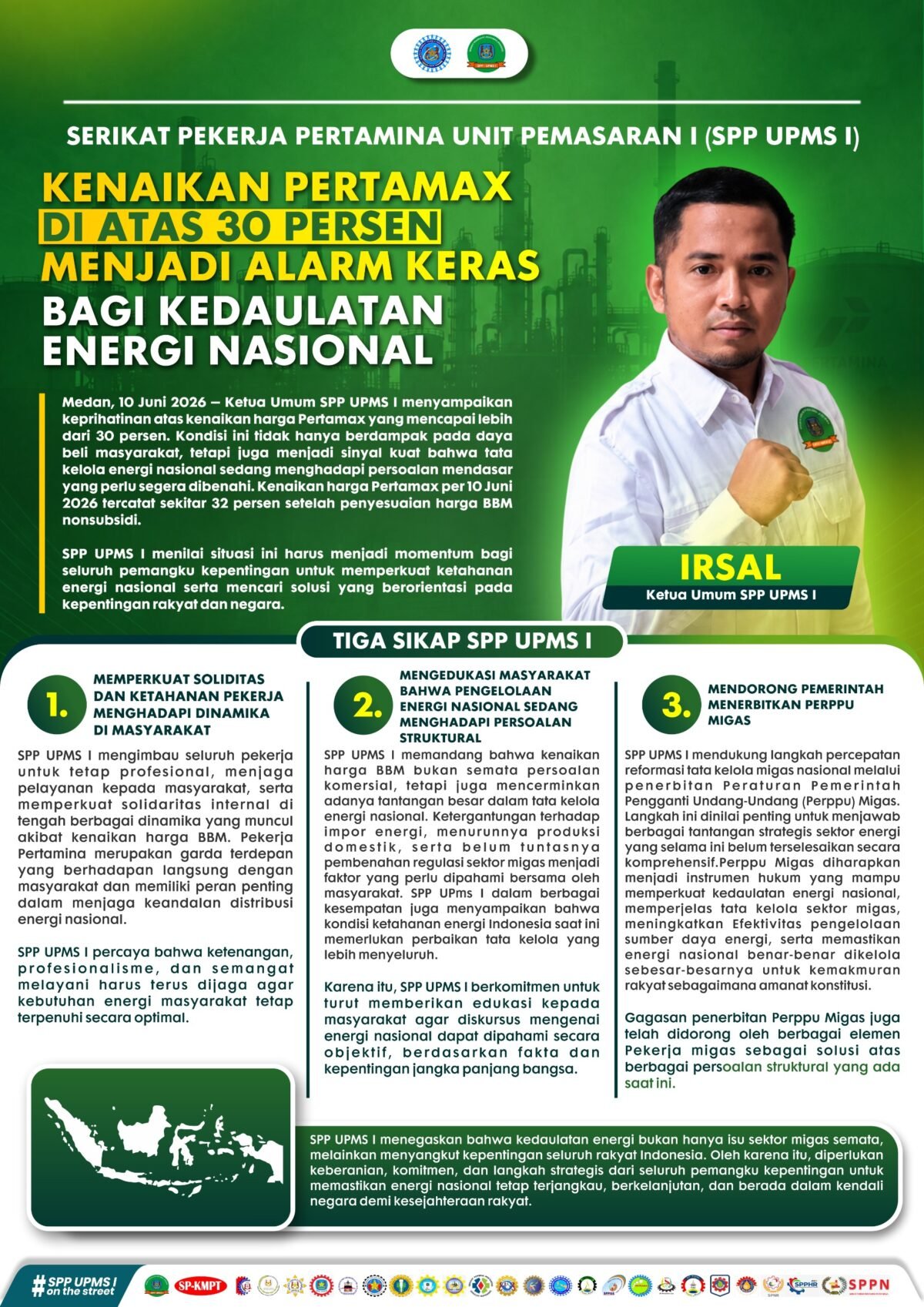 Serikat Pekerja Pertamina Unit Pemasaran I (SPP UPMS I) mengajak pemerintah dan seluruh pemangku kepentingan menjadikan kenaikan harga Pertamax. Foto: Istimewa