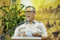 Wakil Gubernur Kepri Nyanyang Haris Pratamura menyampaikan kata sambutan pada pelantikan pengurus DPC HKTI se Provinsi Kepri masa bakti 2026-2031 di Hotel Harmoni One, Batam, Minggu (28/6/2026). Foto: Diskominfo Kepri