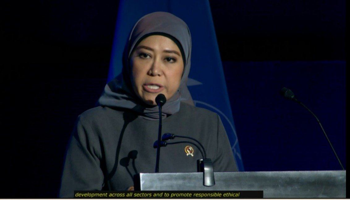 Menkomdigi Meutya Hafid dalam forum Global Dialogue on Artificial Intelligence (AI) Governance di Jenewa, Swiss. (foto: cuplikan webtv.un.org)