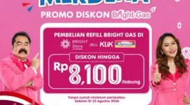 Semarak Merdeka untuk pembelian isi ulang Bright Gas melalui Klik Indomaret, promo berlangsung 15–23 Agustus 2026 dengan diskon hingga Rp8.100 per tabung. Foto: Istimewa