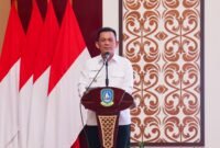 Gubernur Kepri Ansar Ahmad memberikan kata sambutan dalam kegiatan Sinergi Arah Kebijakan Kementerian Kesehatan dengan Pembangunan Kesehatan dan Upaya Percepatan Pelaksanaan Program Prioritas, Cek Kesehatan Gratis di Provinsi Kepulauan Riau, di Balairung Wan Seri Beni, Kantor Gubernur Kepri, Dompak, Jumat (11/9/2026). (Enji/DISKOMINFO KEPRI)
