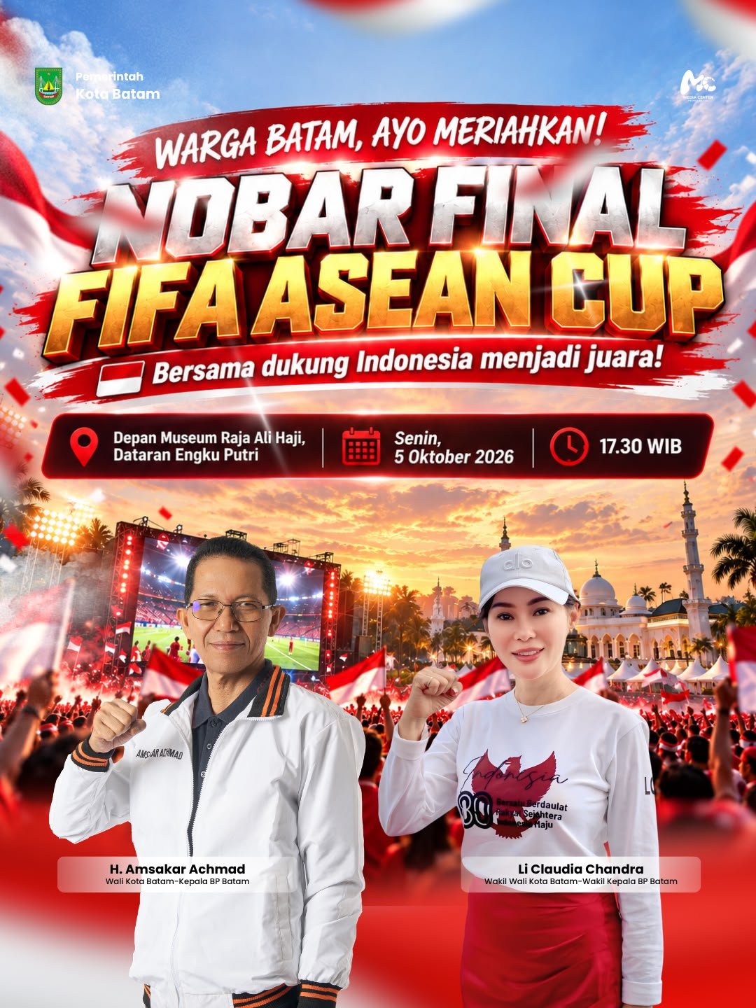 Pemko Batam gelar nobar Final FIFA ASEAN CUP 2026 di Dataran Engku Putri Batamcentre, Senin (5/10/2026). HUMAS DISKOMINFO BATAM / M RASYID J